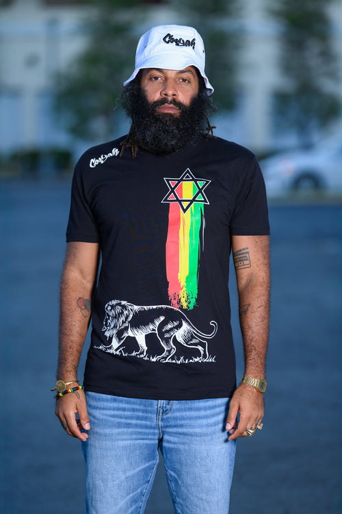 Cooyah - Men's Lion Star graphic tee with Star of David and Lion of Judah on the front in reggae colors.  Rastafari