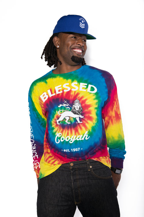 Cooyah Jamaica Blessed Lion Tie-Dye long Sleeve Tee. Jamaican streetwear style brand since 1987. IRIE