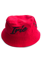 Load image into Gallery viewer, Cooyah Jamaica. Irie Embroidered Bucket hat in red. Jamaican clothing brand.  Reggae fashion accessories.
