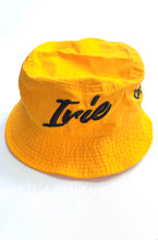 Load image into Gallery viewer, Cooyah Jamaica. Irie Embroidered Bucket hat in gold. Jamaican clothing brand.  Regage style.
