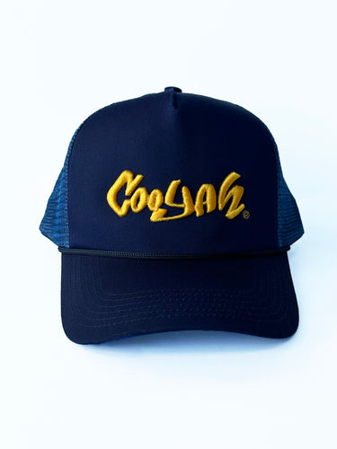 COOYAH Embroidered Trucker Hat in Navy Blue.  