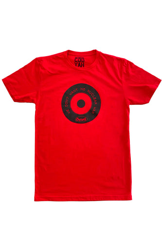 Cooyah Clothing.  Men's No More Nuclear War Reggae T-Shirt.  Red, crew neck, short sleeve, graphic tee.  Jamaican streetwear  inspired by Peter Tosh.