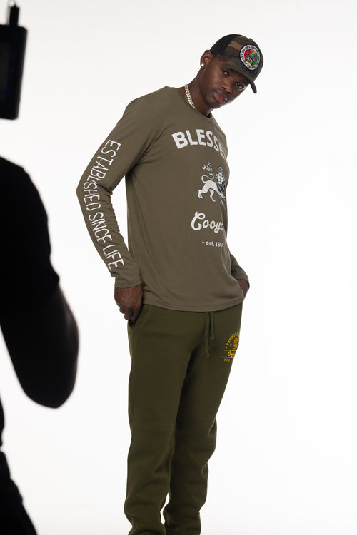 Cooyah Jamaica - Men's Blessed long sleeve t-shirt with Lion of Judah graphic in olive green.