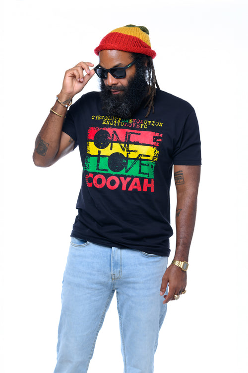 Cooyah - Men's One Love Evolution graphic tee.  Screen printed on soft, 100% ringspun cotton.  Short sleeve, crew neck, black shirt with reggae colors design.  IRIE