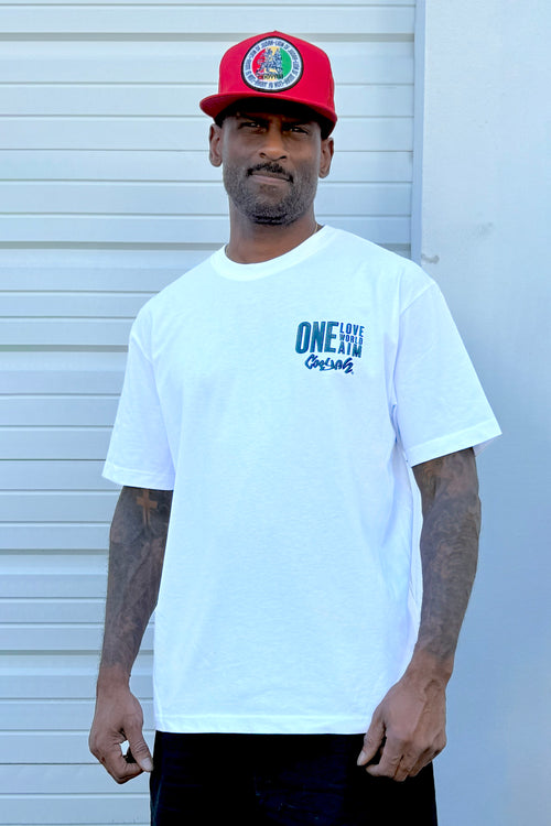 Cooyah front view of the men's One World graphic tee with a boxy 90's fit.