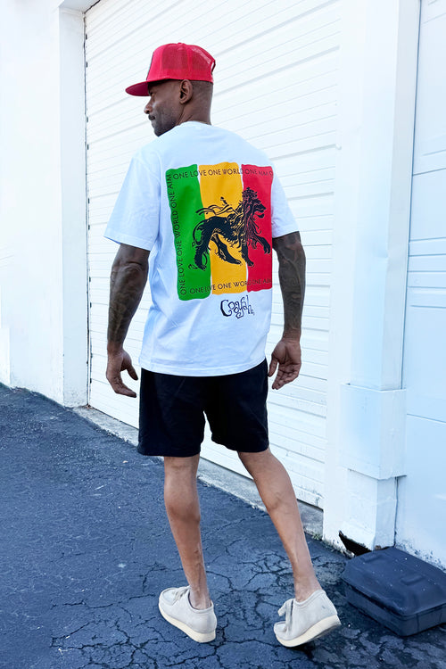 Cooyah men's boxy fit 90's style tee with red, gold, and green Lion of Judah graphic screen printed on the back.