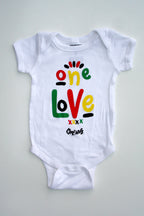 Cooyah Clothing.  One Love Jamaica Baby Onesie.  Screen printed in rasta colors.  Soft, ringspun cotton.
