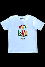 Cooyah Jamaica. One Love Reggae Kid's T-Shirt screen printed in rasta colors. Soft, ringspun cotton. Jamaican clothing brand.