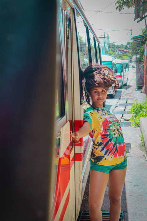 Cooyah Women's Paradise Found Jamaica Tie-Dye Shirt.  Reggae colors on soft, 100% ringspun cotton.  We are a Jamaican owned clothing company established in 1987.  IRIE