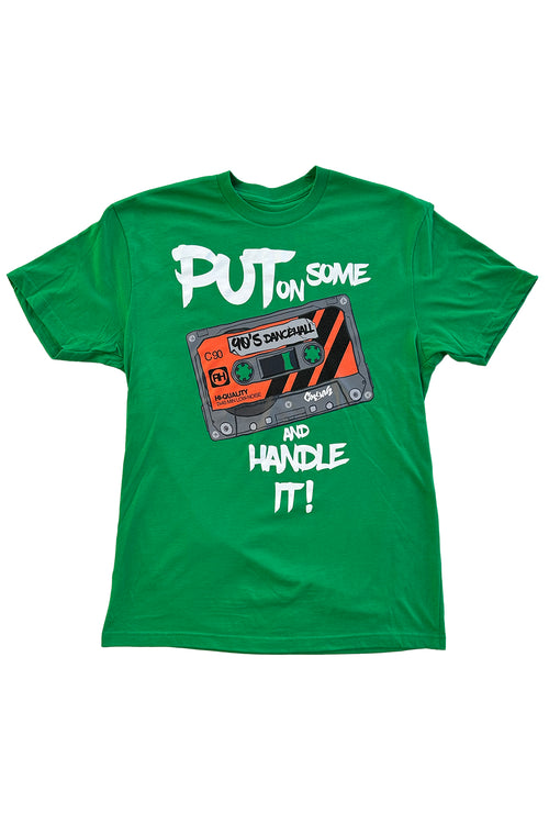 Cooyah Jamaica. Put on Some 90s Dancehall and Handle it! Men's crew neck t-shirt in green with a retro cassette tape design. We are a Jamaican owned clothing brand established in 1987.