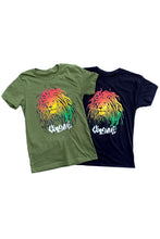 Load image into Gallery viewer, Cooyah Rasta Lion with dreads graphic tee in olive green. Reggae rootswear with Jamaican streetwear clothing. Irie

