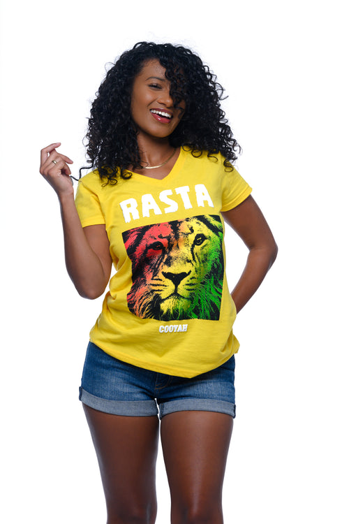 COOYAH Jamaica. Women's yellow V-Neck with Rasta Vibes Lion. Screen printed in reggae colors. Soft, 100% ringspun cotton. As a Jamaican owned clothing brand since 1987, we take pride in bringing you this classic piece.