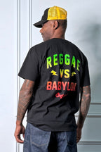 Reggae VS Babylon graphic tee screen printed in rasta colors, red, gold, and green on a boxy, relaxed fit shirt.