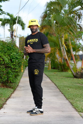 Cooyah Clothing. Men's Premium Brand Joggers in black with gold Lion graphic. Jamaican streetwear clothing brand.