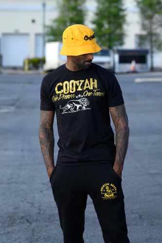Cooyah Jamaica. One Dream, One Team, men's graphic tee in black with metallic gold lettering and white lion print.