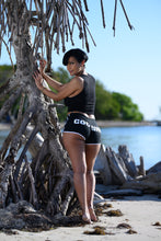 Load image into Gallery viewer, Cooyah Jamaica. Women&#39;s Tennis Shorts. Athleisure style black with white piping.
