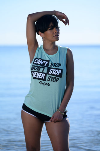 Cooyah Jamaica. Women's mint green tank top. Can't Stop, Won't Stop, Never Stop graphic screen printed on the front.