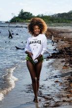 Load image into Gallery viewer, Cooyah women&#39;s UV Sun Hoodie with Made in Jamaica graphic. UPF 50+ sun protection.  Jamaican beachwear clothing since 1987. 
