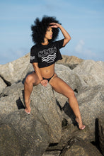 Load image into Gallery viewer,  Cooyah Jamaica. Women&#39;s Seen crop top in black. Short sleeve, Ringspun cotton. Jamaican clothing brand.  IRIE
