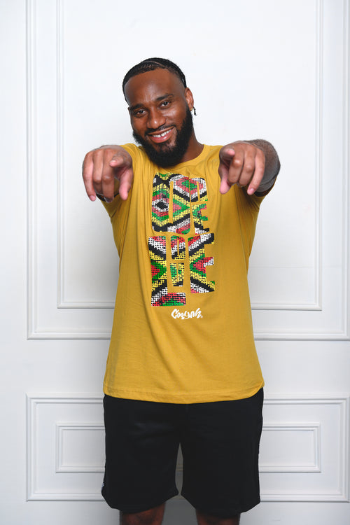 Cooyah Clothing - Men's gold African print graphic tee with One Love artwork. Reggae style.