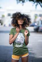 Load image into Gallery viewer, Cooyah Jamaica.  Women&#39;s Rasta Lion graphic tee in olive green.   We are a Jamaican reggae streetwear brand established in 1987.  Shop worldwide.
