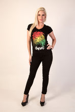 Load image into Gallery viewer, Cooyah Jamaica. Women&#39;s Rasta Lion with dreads v-neck graphic tee in black. Reggae rootswear with Jamaican streetwear clothing. Irie
