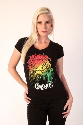 Cooyah Jamaica.  Women's Rasta Lion with dreads v-neck graphic tee in black. Reggae rootswear with Jamaican streetwear clothing. Irie