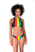 Cooyah Resortwear - Women's 2 piece reggae bikini. Halter style set - black with red, gold, and green fabric. Perfect for your next Caribbean vacation. We are a Jamaican owned clothing brand established in 1987.