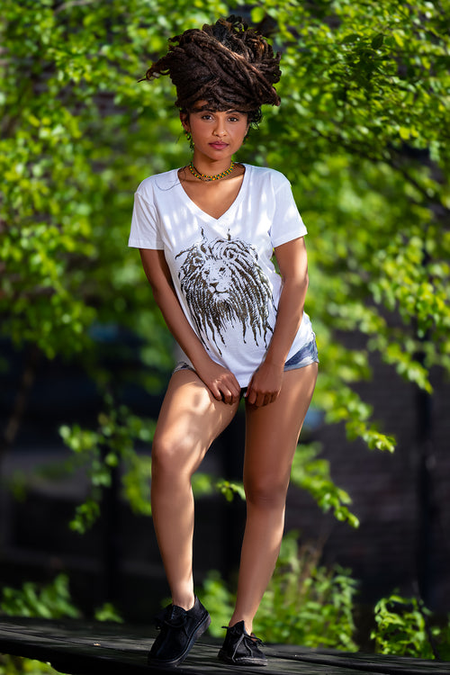 Cooyah Jamaica. Women's v-neck Rasta Dread Lion Tee in white. Ringspun cotton. Jamaican clothing brand.