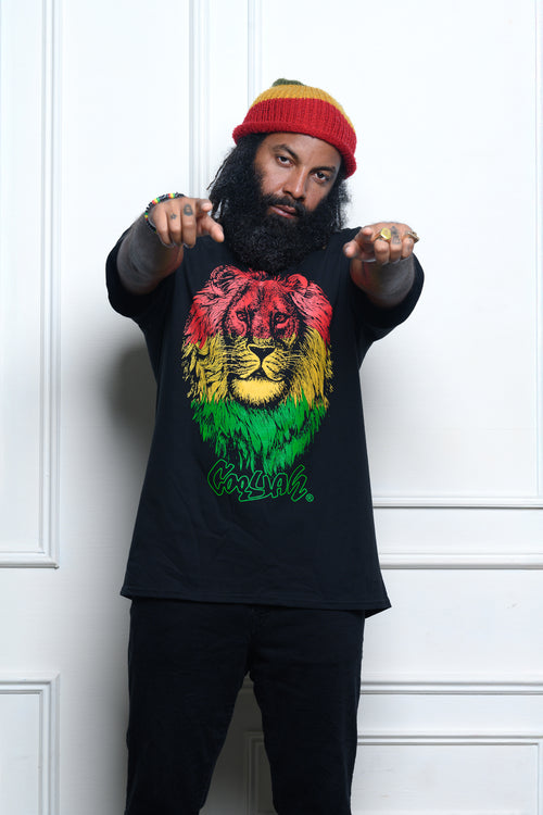 Cooyah Jamaica - Men's Big Face Rasta Lion tee screen printed in reggae colors.  Black, short sleeve shirt, constructed from soft, 100%, ringspun cotton.