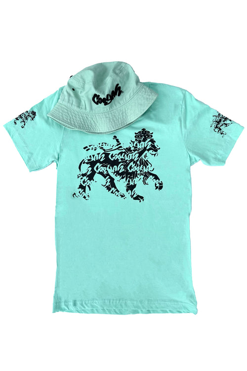 Cooyah mint green men's graphic tee with black lion screen print on the front and sleeves.