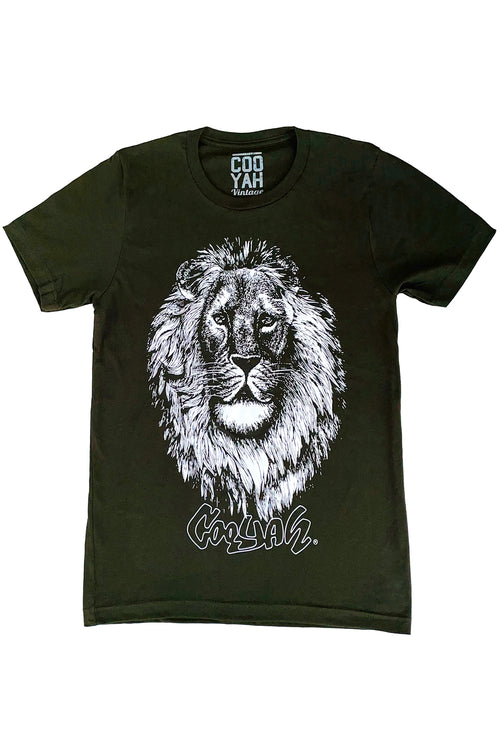 Cooyah Men's Big Face Lion Graphic Tee screen printed on a soft, 100% ringspun cotton dark green crew-neck t-shirt.  We are a Jamaican owned reggae clothing brand established in 1987.  IRIE
