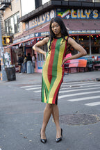 Cooyah - Womens Crochet Rasta Mesh striped sleeveless dress in red, gold, and green.