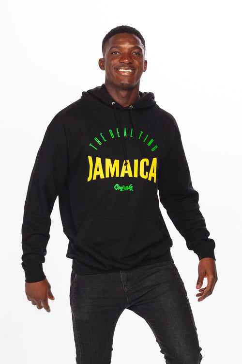 Cooyah Clothing - Men's black pullover hoodie with Jamaican color graphics.  Real Ting Jamaica quote screen printed on the front. Featuring soft fabric, a kangaroo pocket, and matching drawstrings. IRIE