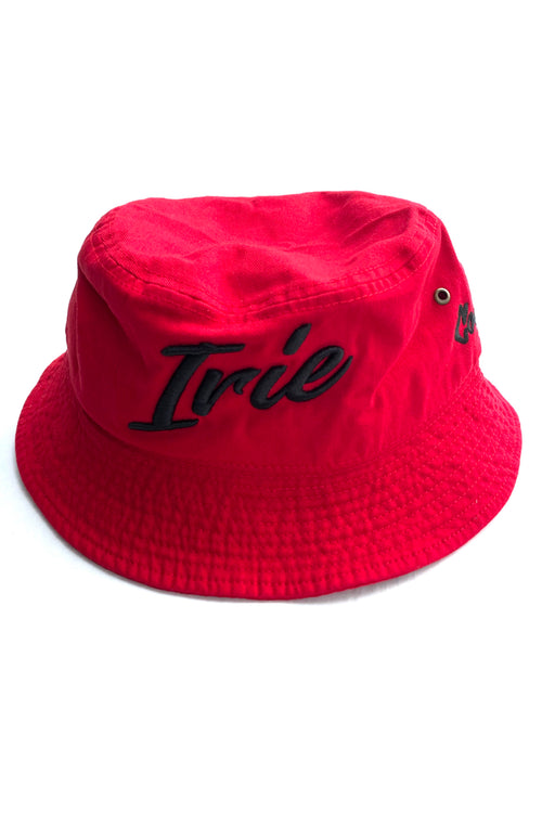 Cooyah Jamaica. Irie Embroidered Bucket hat in red. Jamaican clothing brand. Reggae fashion accessories.