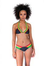 Cooyah Jamaica - Women's Reggae Love string bikini set in black with red, gold, and green straps.  Perfect for you next beach vacation.