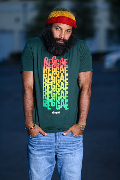 Cooyah Clothing - Men's forest green graphic tee with 'Reggae' text on the front. Screen printed in rasta colors, red, gold, and green. Irie