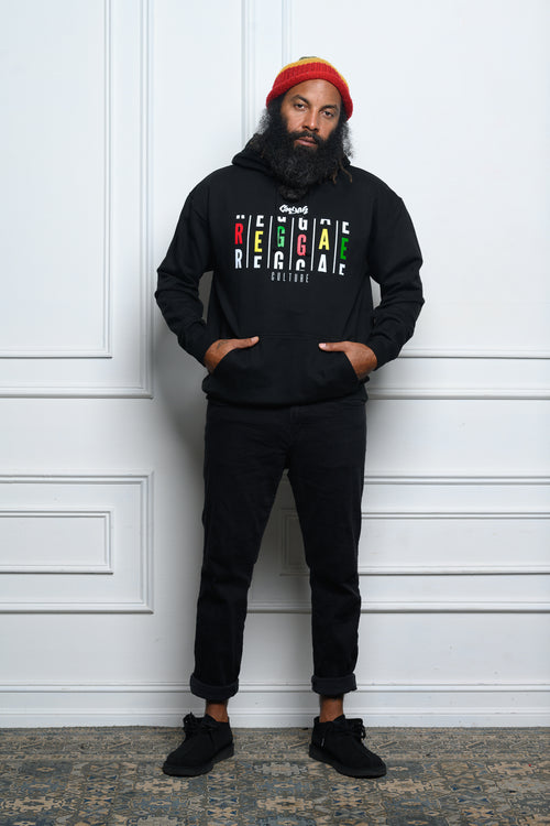 Cooyah Clothing - Men's Reggae hoodie in black with red, gold, and green screen print.