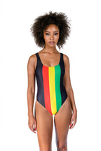 Cooyah Resortwear - Women's 1 piece reggae swimsuit.  Scoop neck - black with red, gold, and green fabric.  Perfect for your next Caribbean vacation.  We are a Jamaican owned clothing brand established in 1987.
