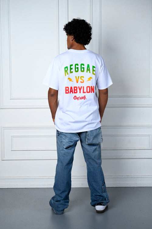 Back view of Kingston Marley in the Reggae VS Babylon graphic tee by Cooyah Clothing.