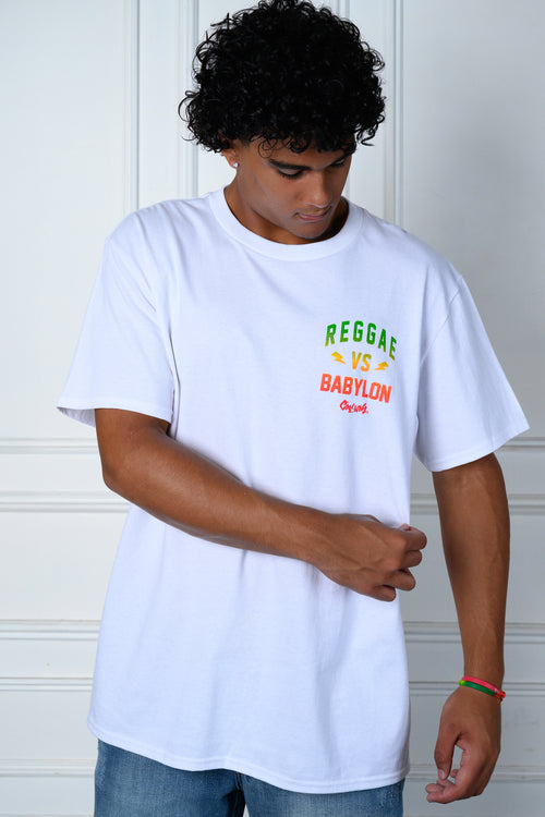 Cooyah - Men's Reggae VS Babylon graphic tee in white.