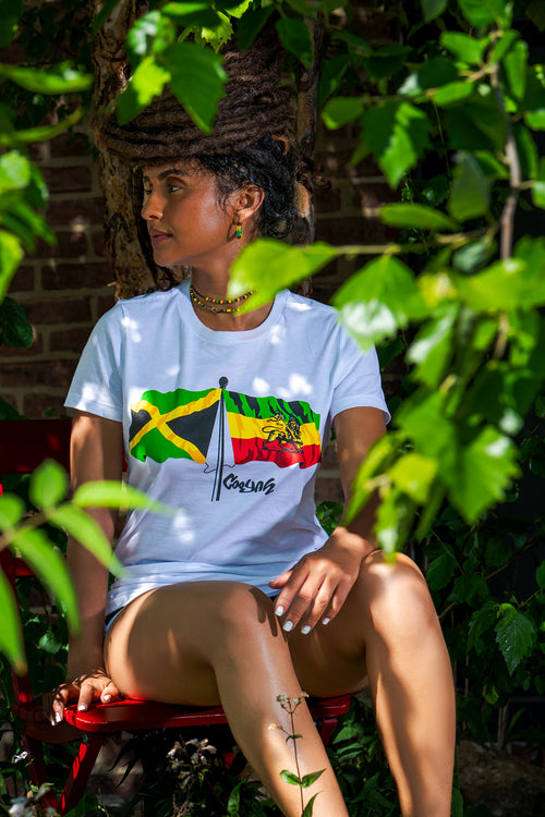 Cooyah Jamaica.  Women's reggae graphic tee with Ethiopian flag.  Rastafari Emress.