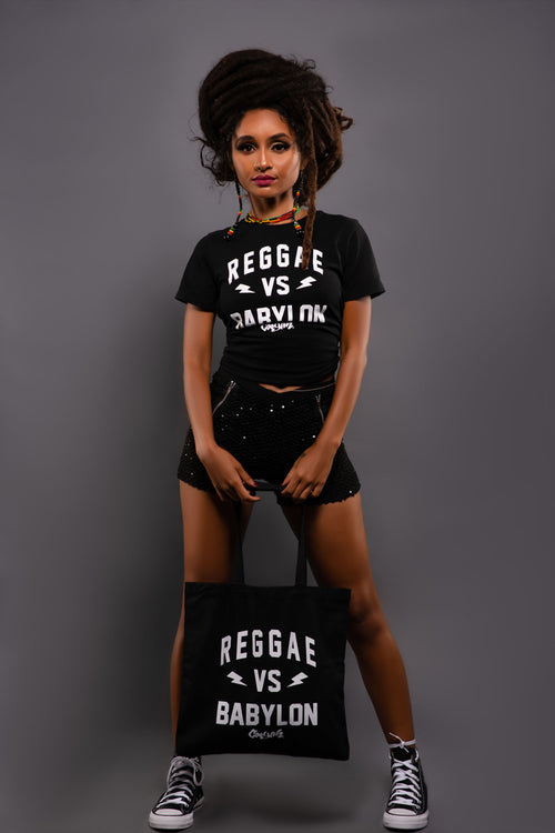 Cooyah Jamaica.  Reggae VS Babylon black cotton tote bag with white screen print.  We are a Jamaican owned clothing and accessories brand since 1987. IRIE