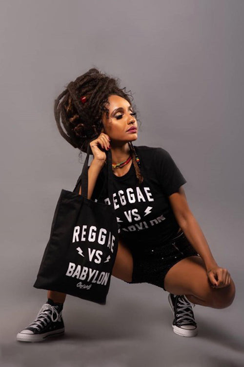 Cooyah Jamaica Reggae VS Babylon black cotton tote bag with white screen print.  Jamaican clothing and accessories brand.