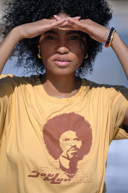 Cooyah - Women's short sleeve Soul Man afro portrait graphic tee in brown.  Retro style art.