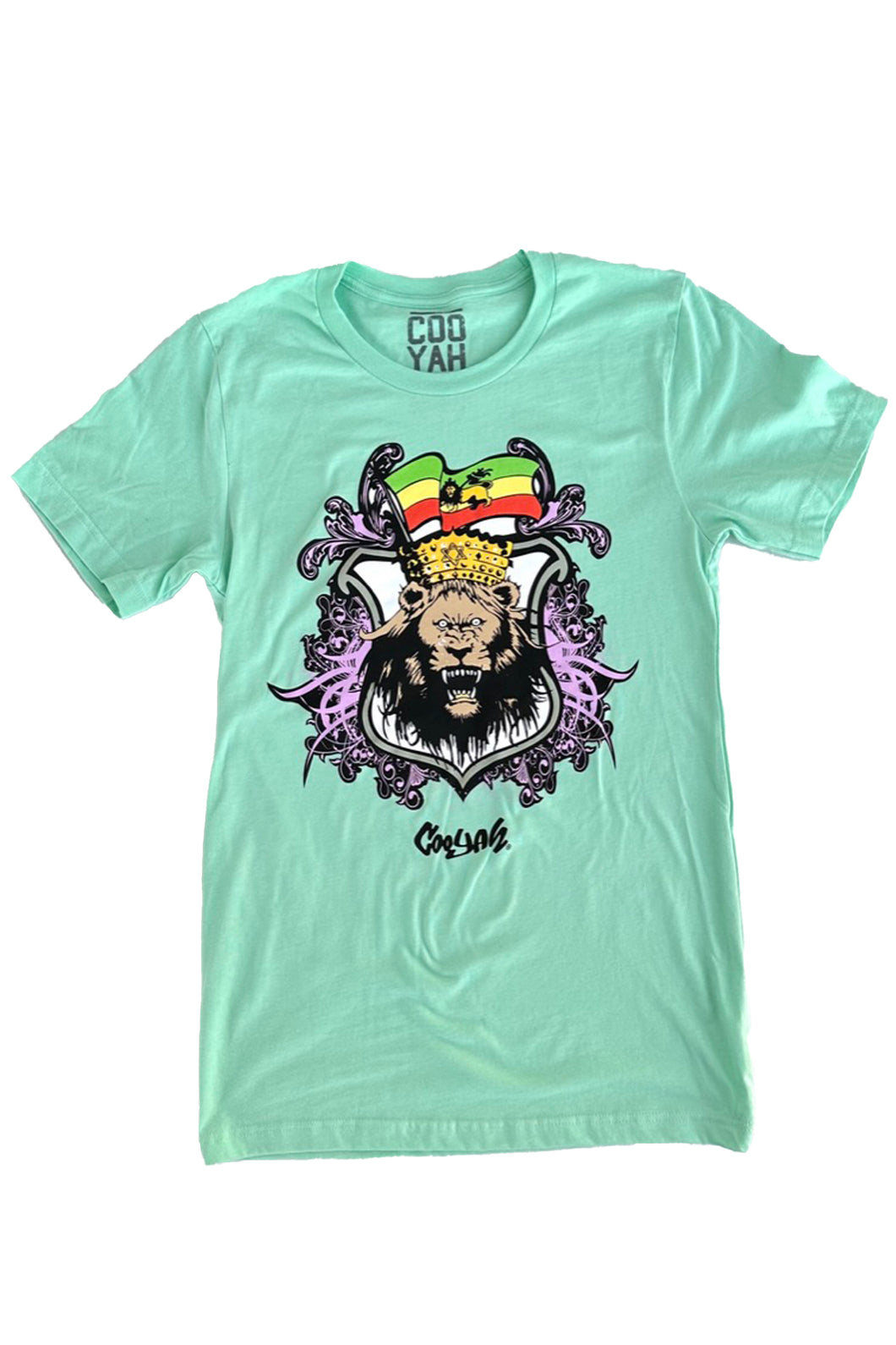 Cooyah Clothing, Rasta Lion short sleeve graphic tee in mint green. Jamaican streetwear Ethiopia Flag T-Shirt