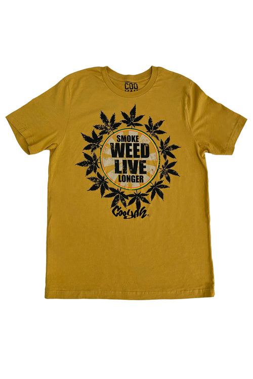 Cooyah Jamaica. Men's mustard yellow Smoke Weed Live Longer Tee. Cannabis, Kush screen printed graphic tee.  Short sleeve ringspun cotton t-shirt. Jamaican clothing brand since 1987.  IRIE