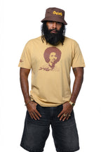 Cooyah men's Soul Mon graphic tee in sand brown. 70s style, man with afro artwork on the front of the shirt.