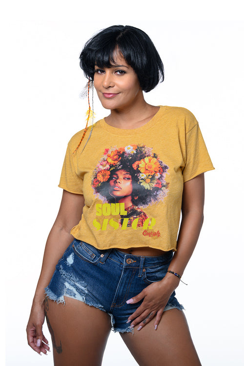 Women's Soul Sister crop top in mustard yellow.  Graphic tee with woman with afro and colorful flowers in her hair by Cooyah Clothing brand.