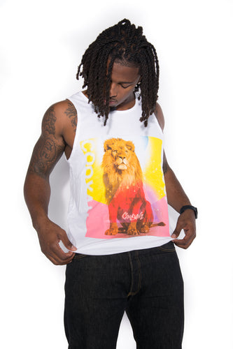 Cooyah Jamaica. Standing Lion Men's Tank Top in white. Jamaican streetwear clothing brand.